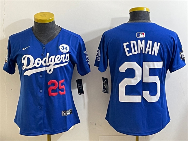 Youth Los Angeles Dodgers #25 Tommy Edman Royal 2024 World Series With No. 34 Patch Alternate Limited Stitched Baseball Jersey