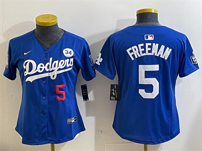 Youth Los Angeles Dodgers #5 Freddie Freeman Royal 2024 World Series With No. 34 Patch Alternate Limited Stitched Baseball Jersey