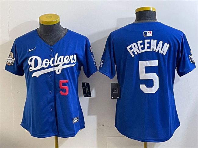 Women's Los Angeles Dodgers #5 Freddie Freeman Royal 2024 World Series With Fernando Memorial Patch Alternate Limited Stitched Baseball Jersey(Run Small)