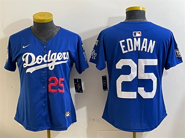 Women's Los Angeles Dodgers #25 Tommy Edman Royal 2024 World Series With Fernando Memorial Patch Alternate Limited Stitched Baseball Jersey(Run Small)