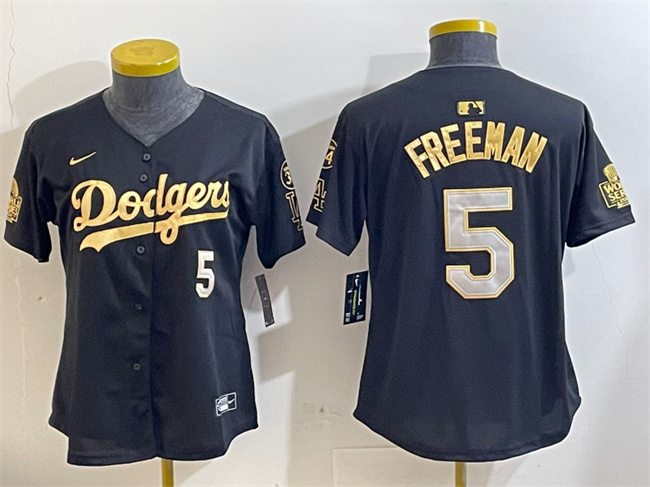 Women's Los Angeles Dodgers #5 Freddie Freeman Black_Gold 2024 World Series With Fernando Memorial Patch Limited Stitched Baseball Jersey(Run Small)