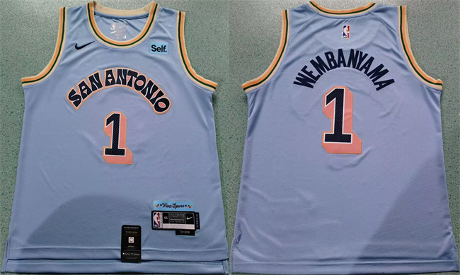 Men's San Antonio Spurs #1 Victor Wembanyama Light Blue 2024-25 City Edition Stitched Basketball Jersey