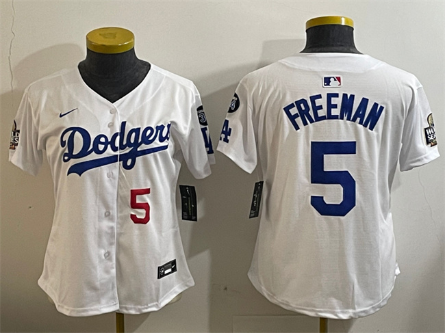 Women's Los Angeles Dodgers #5 Freddie Freeman White 2024 World Series With Fernando Memorial Patch Home Limited Stitched Baseball Jersey