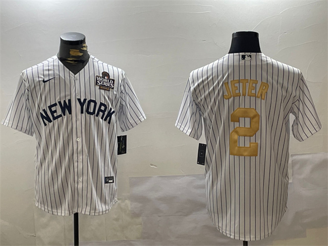 Men's New York Yankees #2 Derek Jeter White_Gold 2024 World Series Cool Base Stitched Baseball Jersey