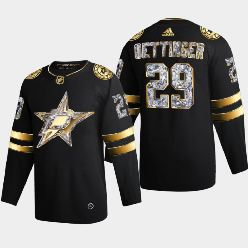 Men's Dallas Stars #29 Jake Oettinger 2022 Stanley Cup Playoffs Black Diamond Edition Stitched Hockey Jersey