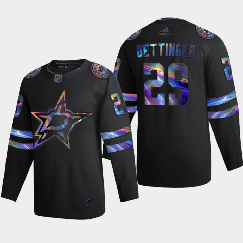 Men's Dallas Stars Jake Oettinger #29 Iridescent Holographic Collection Authentic Black Stitched Hockey Jersey