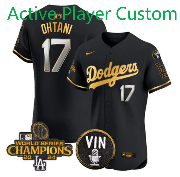 Men's Los Angeles Dodgers Active Player Custom Black Gold 2024 World Series Champions With Vin Patch Vapor Limited Stitched Baseball Jersey