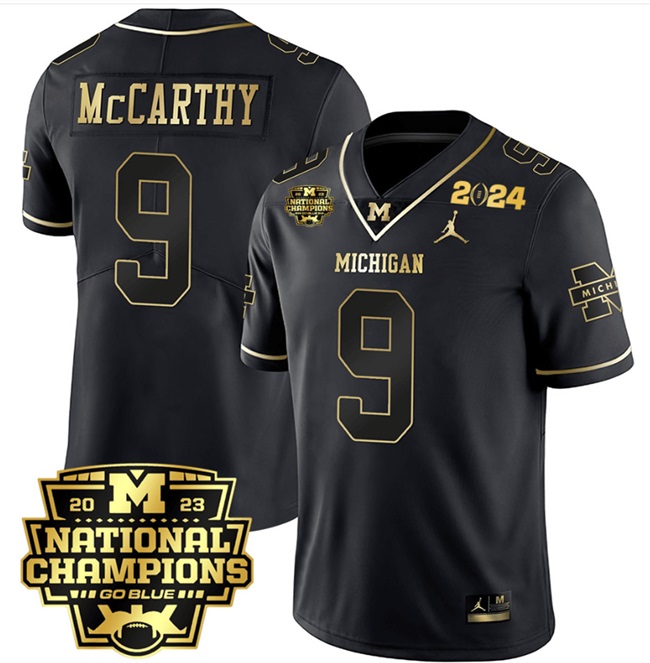 Men's Michigan Wolverines #9 J.J. McCarthy Black Gold Edition 2024 CFP National Champions Patch Stitched Jersey