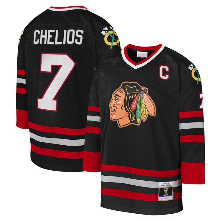 Men's Chicago Blackhawks #7 Chris Chelios Black 1997-98 Power Play Hockey Jersey by Mitchell & Ness