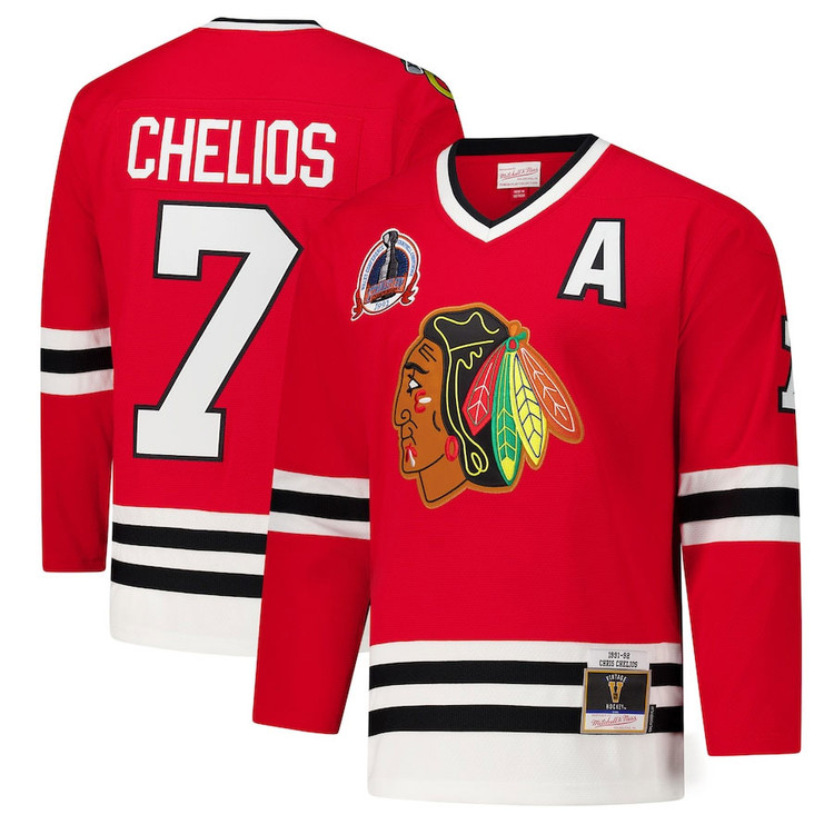 Men's Chicago Blackhawks #7 Chris Chelios Red 1991-92 Power Play Hockey Jersey by Mitchell & Ness