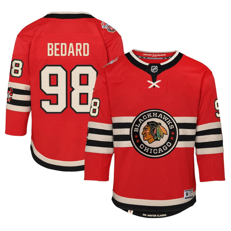 Youth #98 Connor Bedard Chicago Blackhawks 2025 NHL Winter Classic Premier Jersey - Red Cream Black