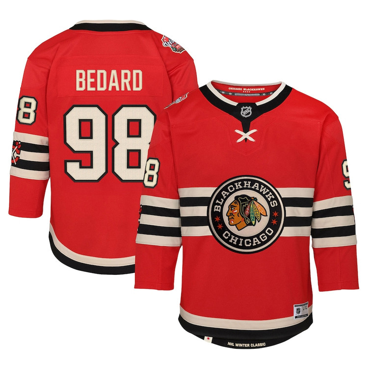 Preschool #98 Connor Bedard Chicago Blackhawks 2025 NHL Winter Classic Premier Jersey - Red Cream Black