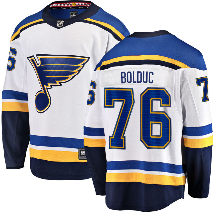 Men's #76 Zachary Bolduc St. Louis Blues Away White Breakaway NHL Jersey by Fanatics