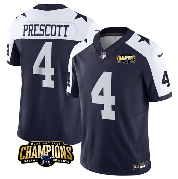 Men's Dallas Cowboys #4 Dak Prescott Navy White 2023 F.U.S.E. NFC East Champions Patch Football Stitched Jersey