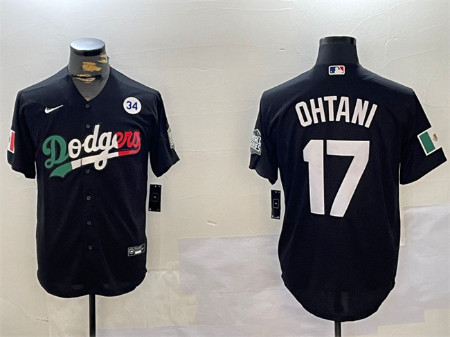 Men's Los Angeles Dodgers #17 Shohei Ohtani Black Mexico 2024 World Series With No. 34 Patch Cool Base Stitched Baseball Jersey