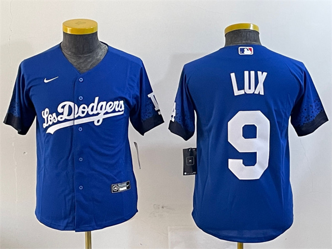 Youth Los Angeles Dodgers #9 Gavin Lux Blue 2024 World Series City Connect Cool Base Stitched Jersey