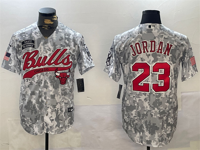 Men's Chicago Bulls #23 Michael Jordan 2024 Arctic Camo Salute to Service Stitched Baseball Jersey