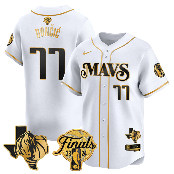 Men's Dallas Mavericks #77 Luka Doncic White Gold 2024 Finals & Texas Patch Stitched Baseball Jersey