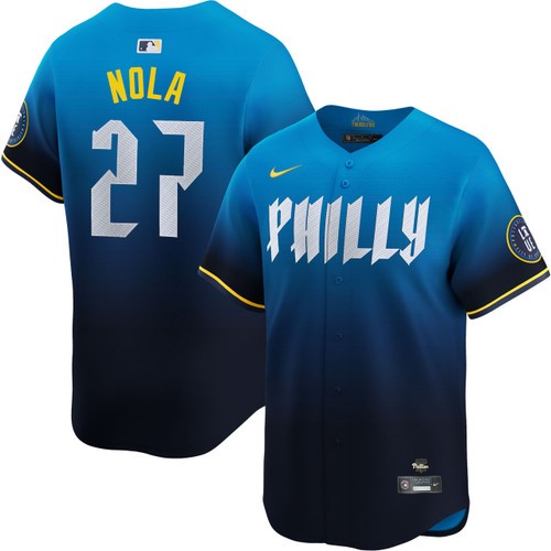 Men's Aaron Nola Philadelphia Phillies Nike Blue 2024 City Connect Limited Stitched Jersey