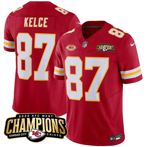 Men’s Kansas City Chiefs #87 Travis Kelce Red 2023 F.U.S.E. AFC West Champions With NKH Patch Vapor Untouchable Limited Football Stitched Jersey