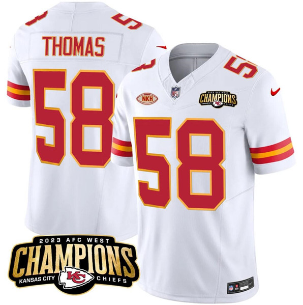 Men’s Kansas City Chiefs #58 Derrick Thomas White 2023 F.U.S.E. AFC West Champions With NKH Patch Vapor Untouchable Limited Football Stitched Jersey