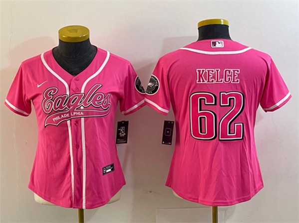 Women's Philadelphia Eagles #62 Jason Kelce Pink Cool Base Stitched Baseball Jersey(Run Small)