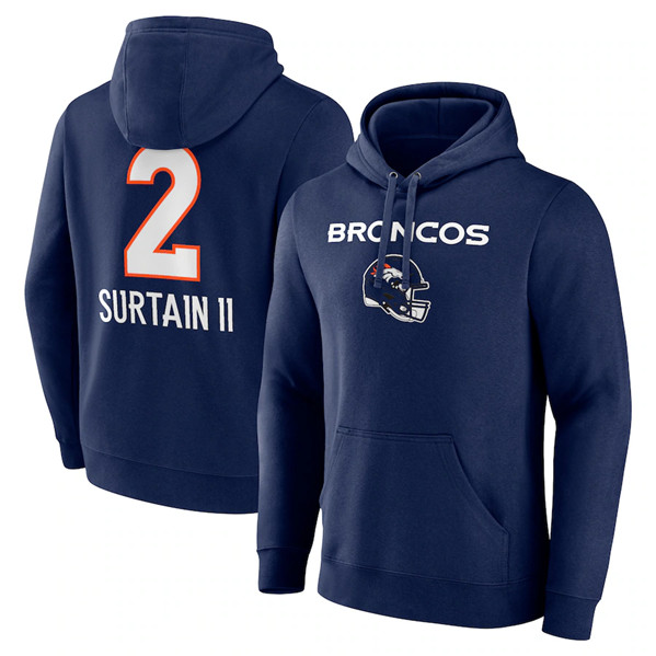 Men's Denver Broncos #2 Pat Surtain II Navy Team Wordmark Name & Number Pullover Hoodie