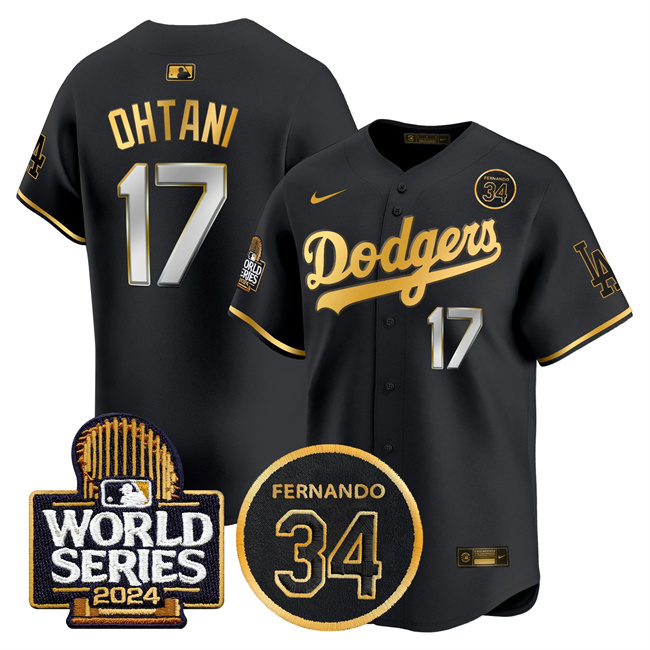 Men's Los Angeles Dodgers #17 Shohei Ohtani Black_Gold 2024 World Series With Fernando Memorial Patch Limited Stitched Baseball Jersey