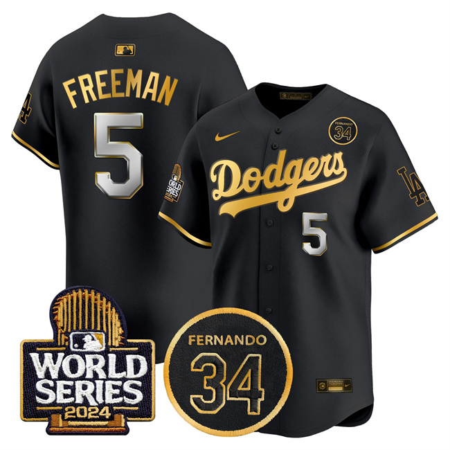 Men's Los Angeles Dodgers #5 Freddie Freeman Black_Gold 2024 World Series With Fernando Memorial Patch Limited Stitched Baseball Jersey