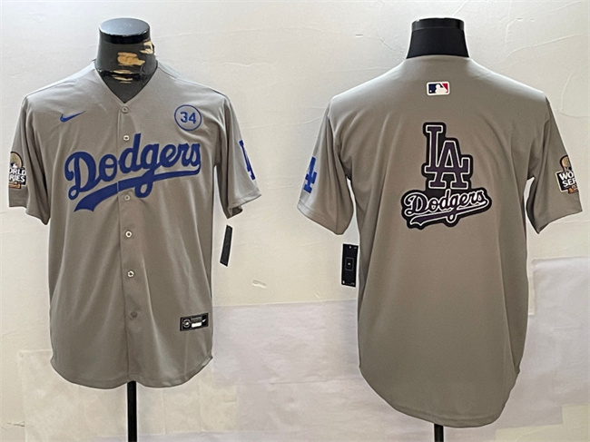 Men's Los Angeles Dodgers Team Big Logo Grey 2024 World Series With No. 34 Patch Limited Stitched MLB Jersey