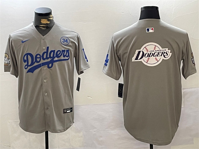 Men's Los Angeles Dodgers Team Big Logo Grey 2024 World Series With No. 34 Patch Limited Stitched MLB Jerseys