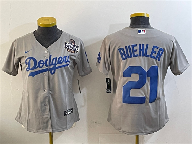 Youth Los Angeles Dodgers #21 Walker Buehler Grey 2024 World Series Cool Base Stitched Baseball Jersey