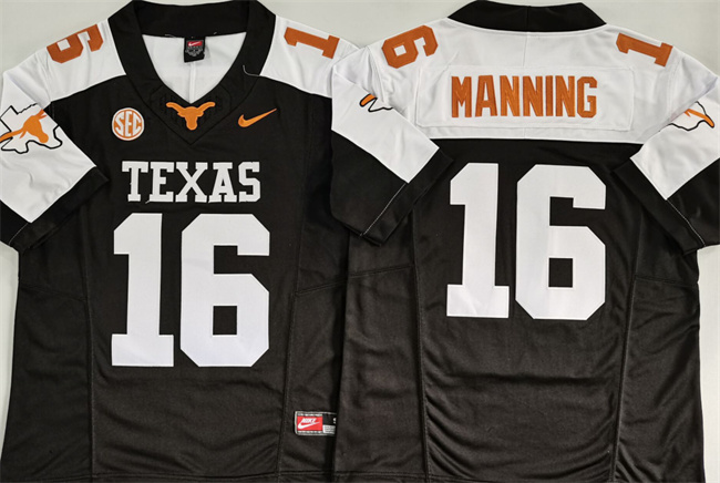 Men's Texas Longhorns #16 Peyton Manning Black_White F.U.S.E. Stitched Jersey