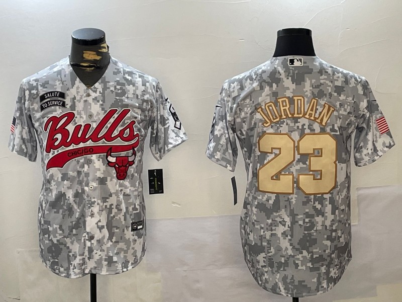 Men's Chicago Bulls #23 Michael Jordan Golld Name Number 2024 Arctic Camo Salute to Service Stitched Baseball Jersey