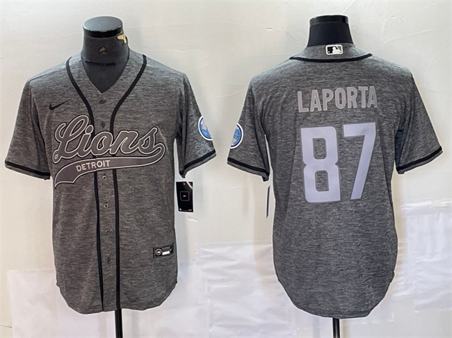 Men's Detroit Lions #87 Sam LaPorta Gray Cool Base Stitched Baseball Jersey