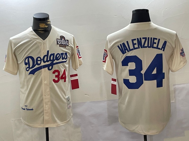 Men's Los Angeles Dodgers #34 1981 Fernando Valenzuela Throwback Cream With Bicentennial Patch 2024 World Series Patch Stitched Baseball Jersey