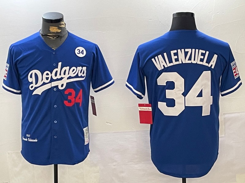 Men's Los Angeles Dodgers #34 1981 Fernando Valenzuela Throwback Royal With Fernando Memorial and HOF Patch Stitched National Baseball Jersey