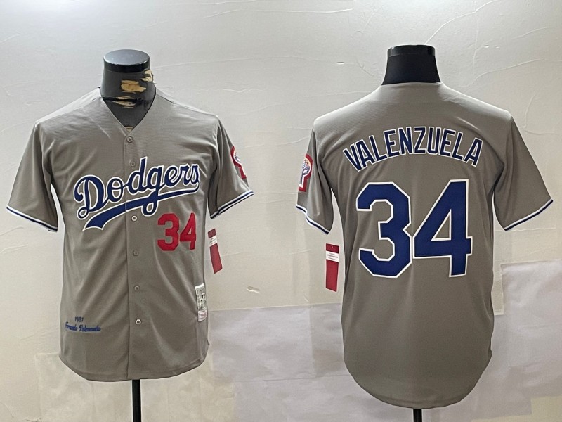 Men's Los Angeles Dodgers #34 1981 Fernando Valenzuela Throwback Grey With Bicentennial Patch Stitched Baseball Jersey