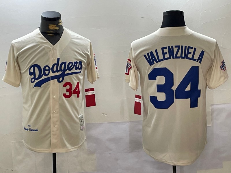 Men's Los Angeles Dodgers #34 1981 Fernando Valenzuela Throwback Cream With Bicentennial Patch Stitched Baseball Jersey