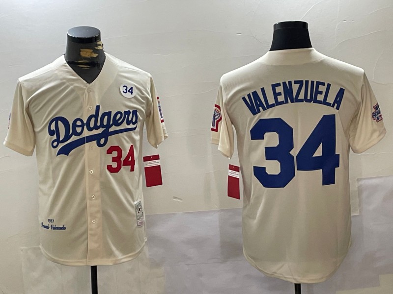 Men's Los Angeles Dodgers #34 1981 Fernando Valenzuela Throwback Cream With Bicentennial Patch 34 Fernando Memorial Patch Stitched Baseball Jersey