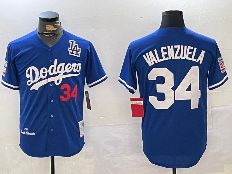 Men's Los Angeles Dodgers #34 1981 Fernando Valenzuela Throwback Royal With LA HOF Patch Stitched National Baseball Jersey