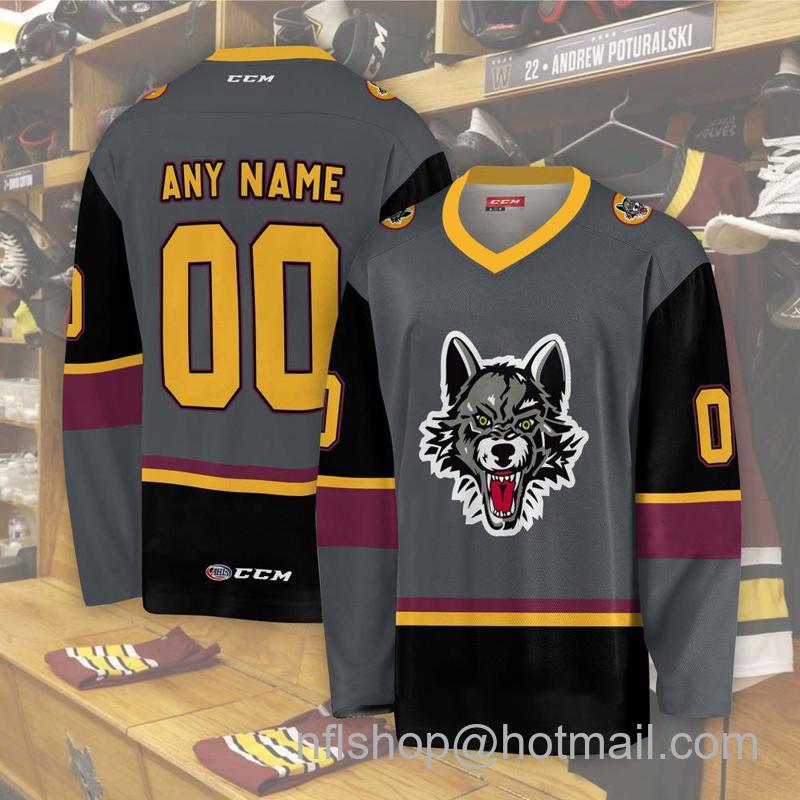 Men's Youth Customized Chicago Wolves AHL Grey CCM Hockey Stitched Jersey