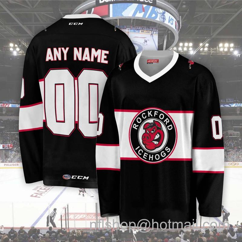 Men's Youth Customized Rockford IceHogs AHL Black CCM Hockey Stitched Jersey