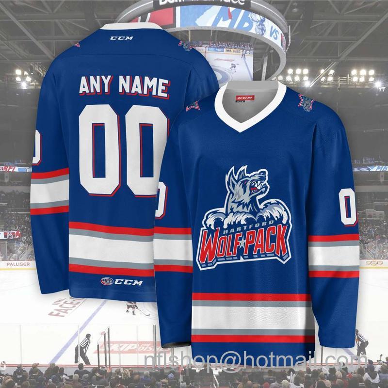 Men's Youth Customized Hartford Wolf Pack AHL Blue CCM Hockey Stitched Jersey