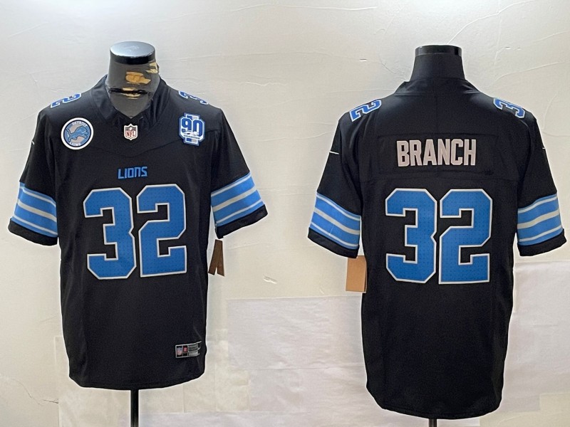 Men's Detroit Lions #32 Brian Branch Black With 90th and Team Patch F.U.S.E. Vapor Limited Nike Stitched NFL Jersey