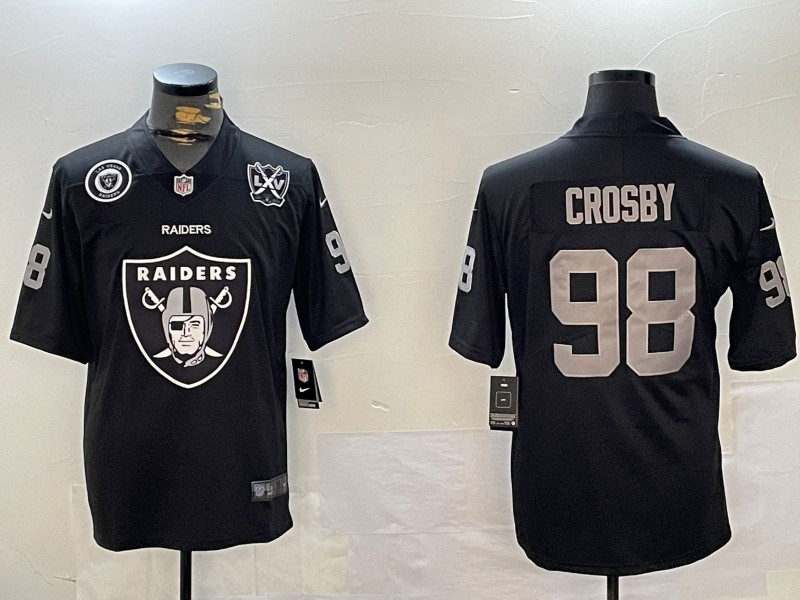 Men's Oakland Raiders #98 Maxx Crosby Black Front Big Team Logo With 65th Anniversary Patch Vapor Untouchable Limited Stitched NFL Jerseys