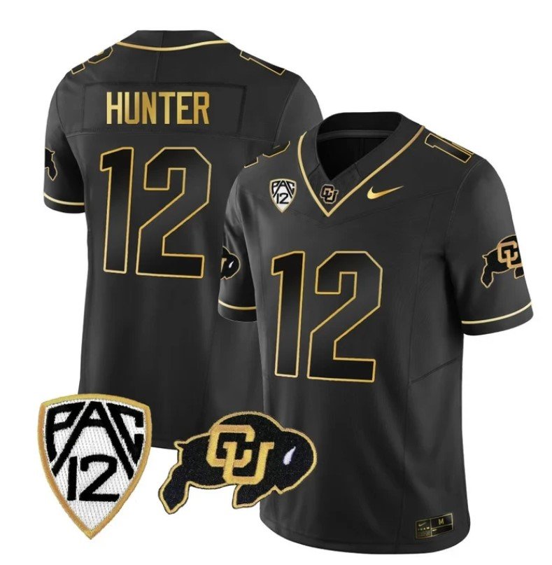 Men's Nike Colorado Buffaloes Travis Hunter Jersey #12 Vapor Gold Limited All Stitched Black Gold