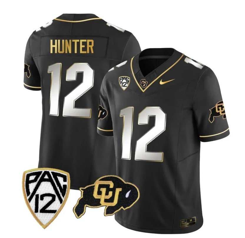 Men's Nike Colorado Buffaloes Travis Hunter Jersey #12 Vapor Gold Limited All Stitched Black Limited