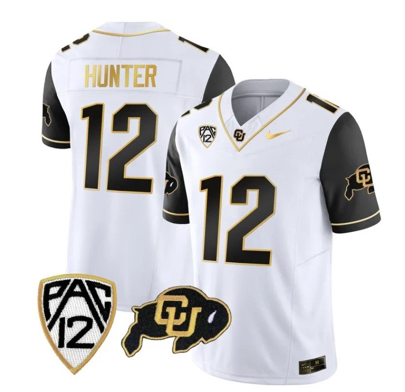 Men's Nike Colorado Buffaloes Travis Hunter Jersey #12 Vapor Gold Limited All Stitched Black Sleeves