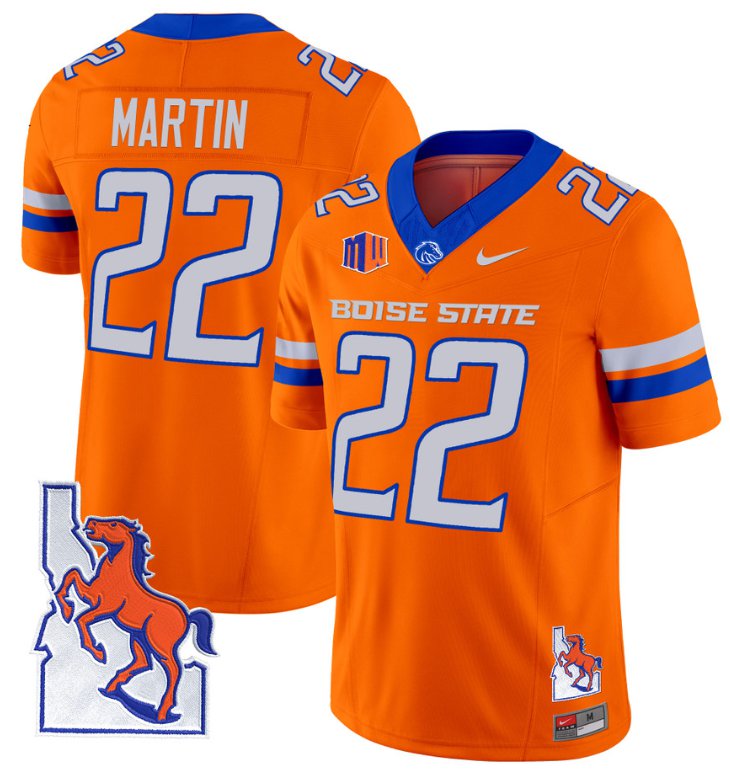 Men's Nike Doug Martin Jersey #22 Boise State Broncos 2024 Map Patch Vapor Football Orange